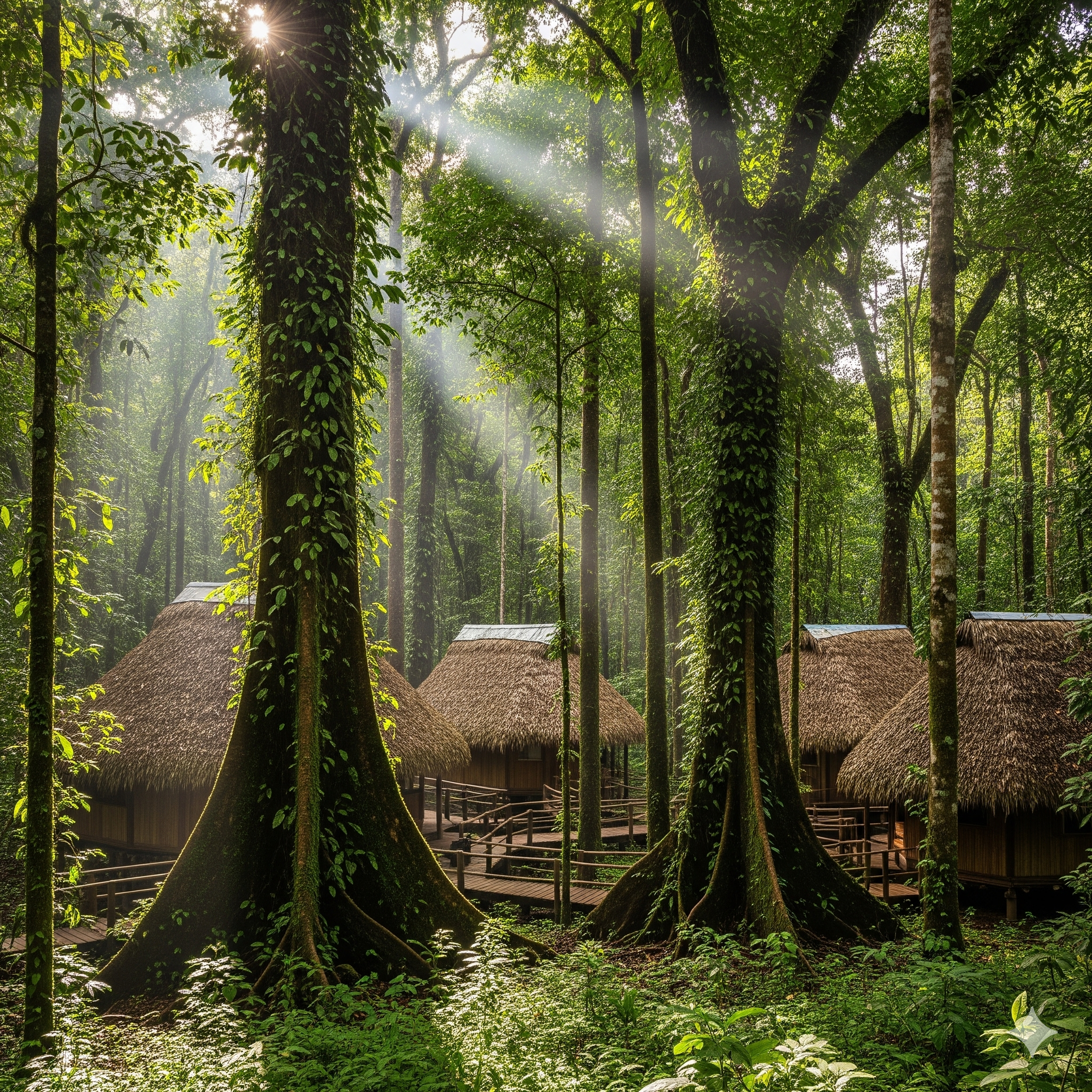 The Chalalán Ecolodge nestled within the dense Amazon rainforest of Madidi National Park.