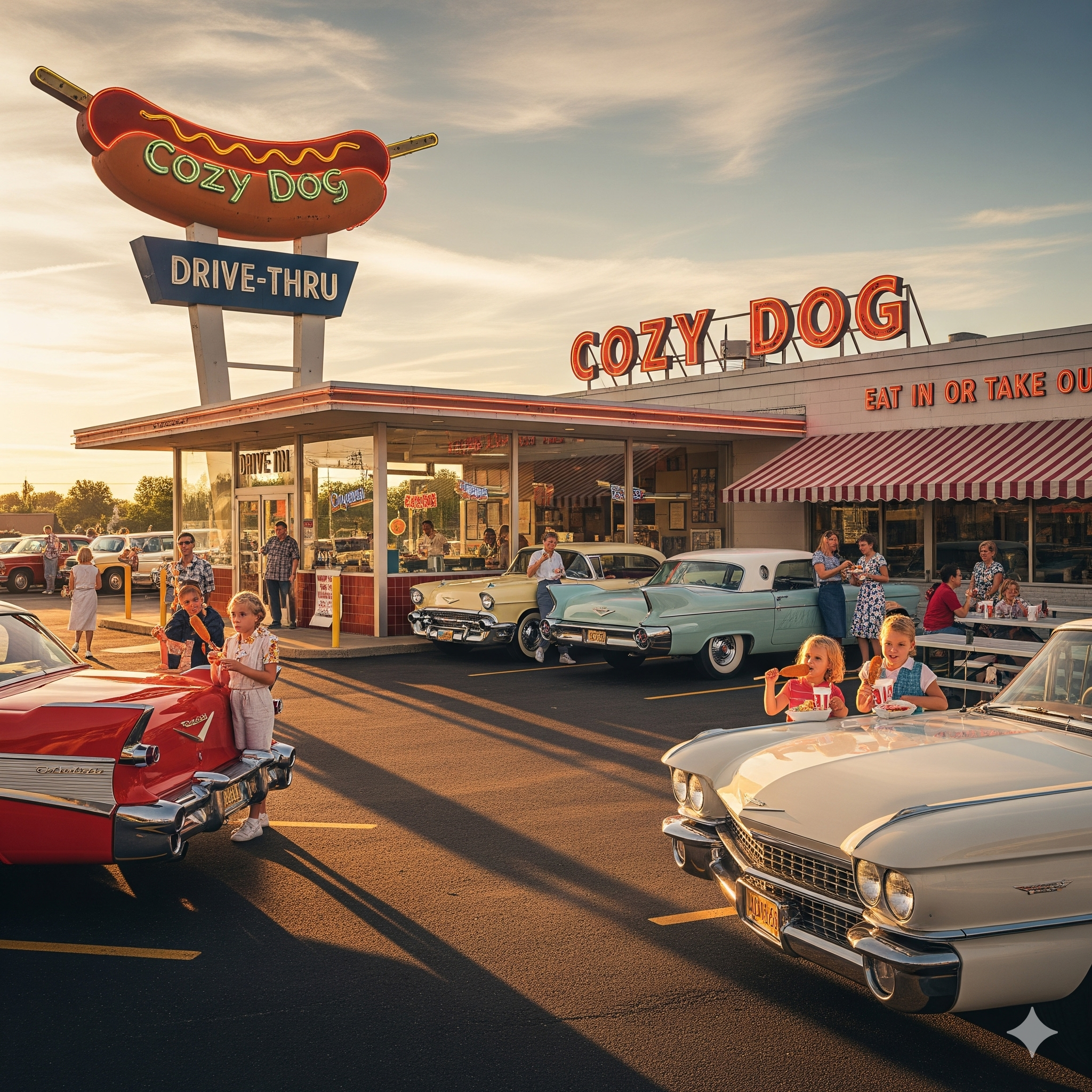 The iconic sign of the Cozy Dog Drive-In, birthplace of the corn dog, on Route 66.