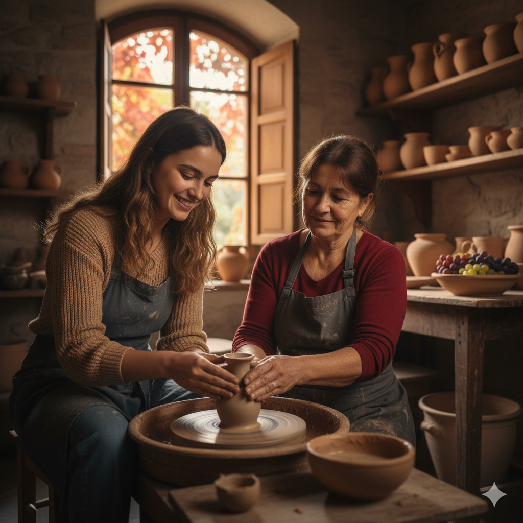 A young adult learning pottery from a local.