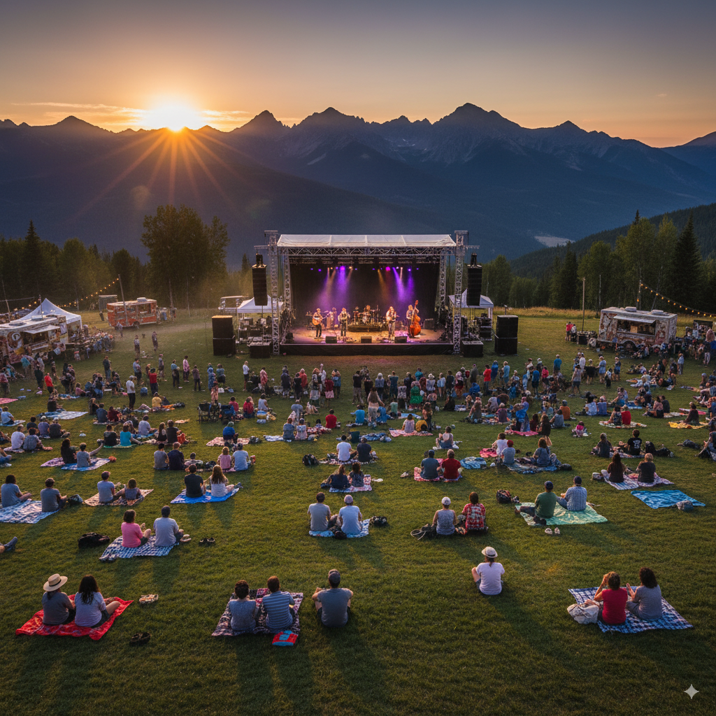 A group of people enjoying an outdoor music festival.