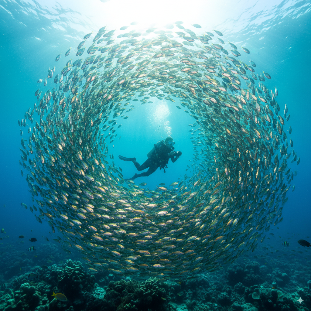 A school of fish swimming around a diver
