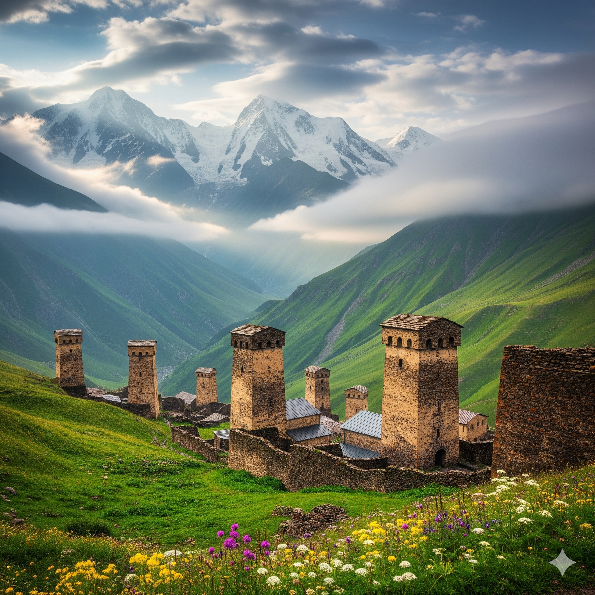Ancient Koshkebi stone defensive towers in a lush green valley in Svaneti, Georgia, with the Caucasus Mountains in the background.