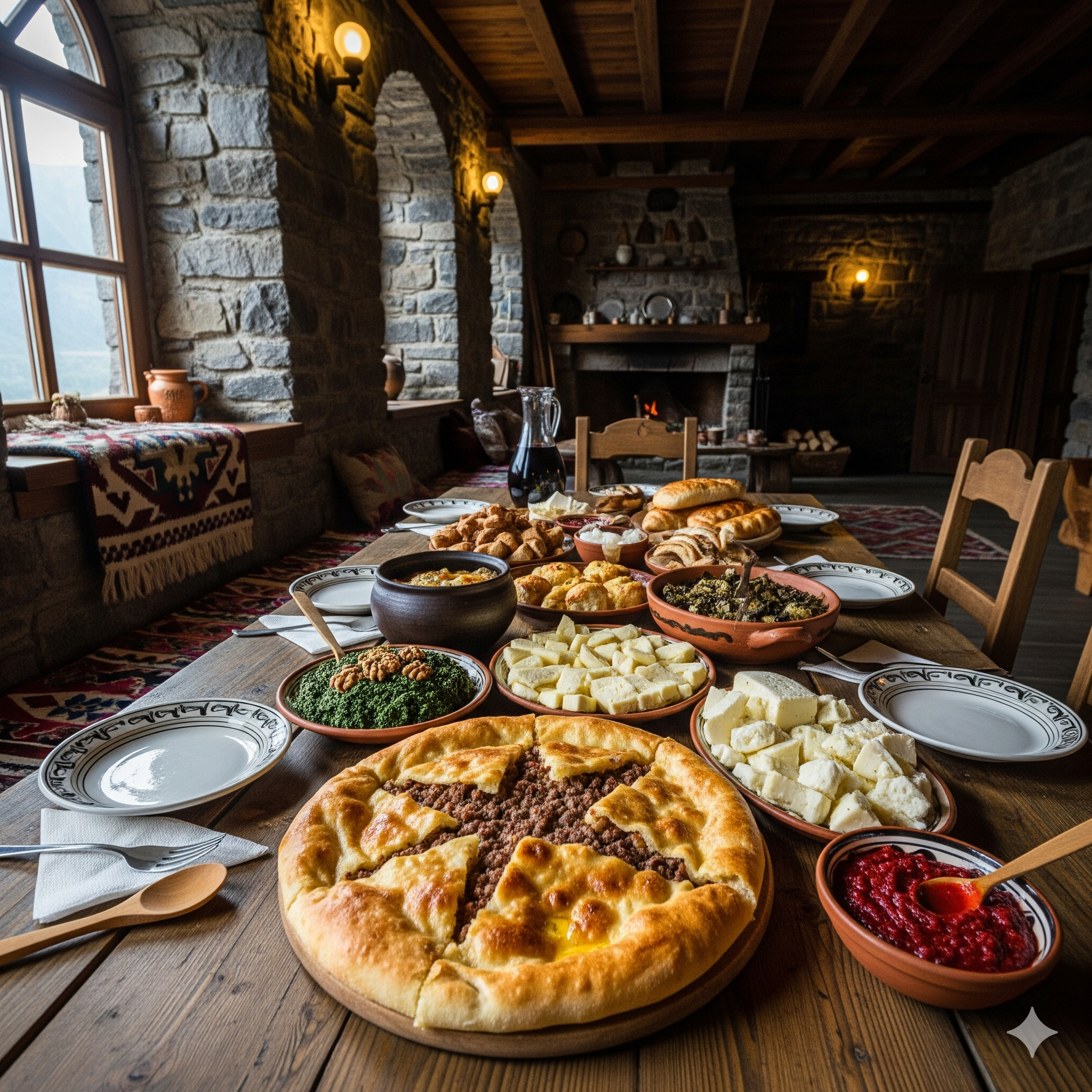 A warm, inviting interior of a traditional Svaneti guesthouse with a table laden with home-cooked Georgian food, featuring a golden-brown kubdari.