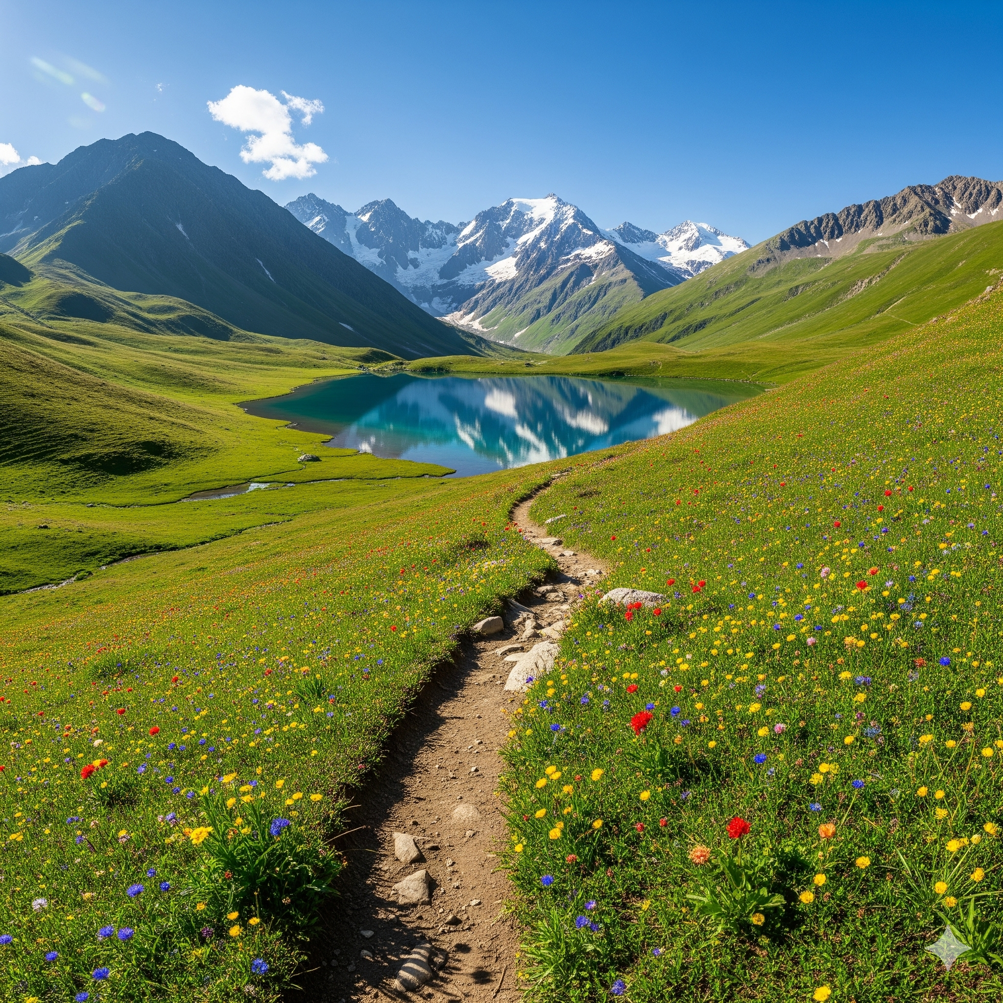 A hiker's view of a trail winding through a vibrant alpine meadow in Svaneti, Georgia, with a glacial lake reflecting the rugged mountains.