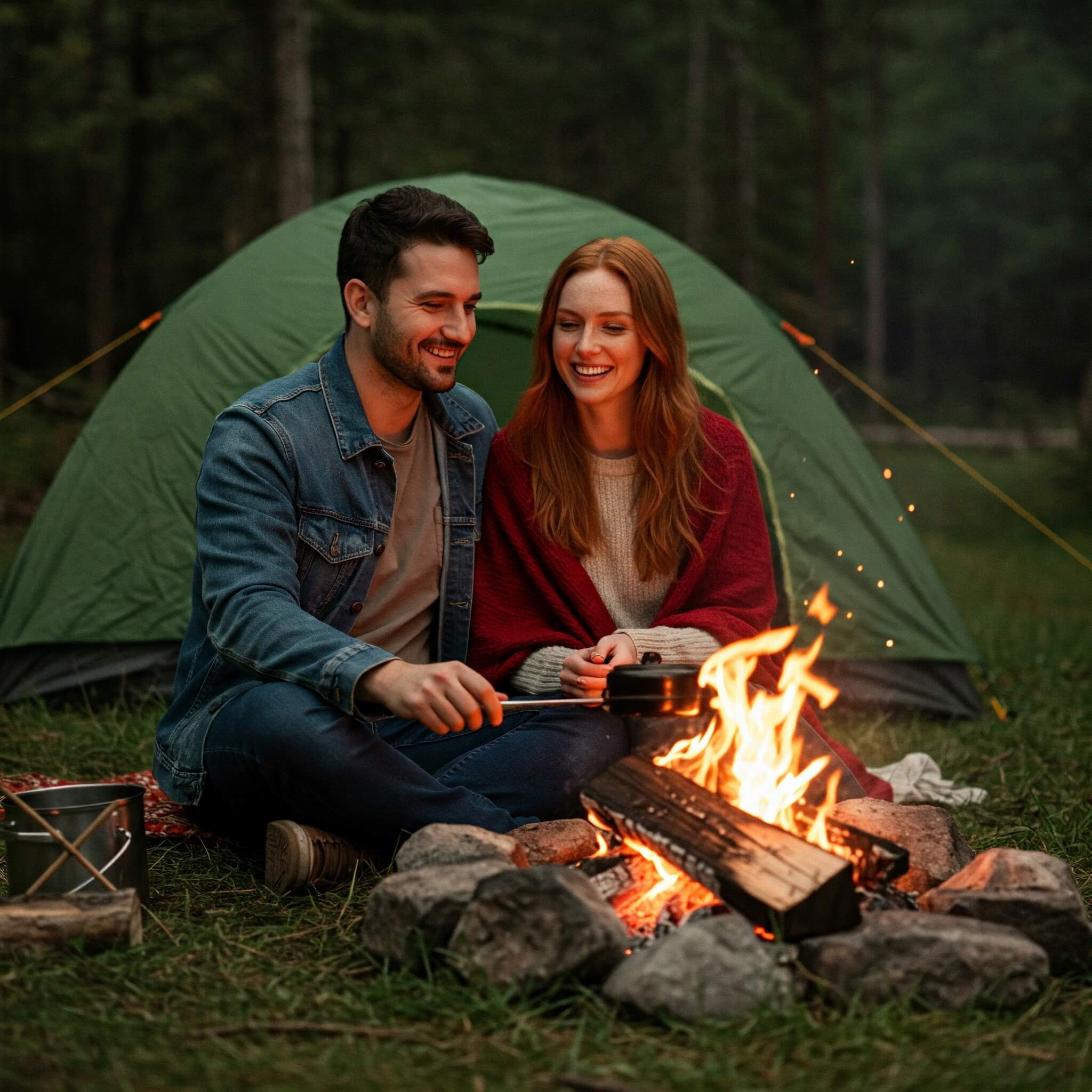 Val and Chip smiling and sitting together by a campfire in the woods.